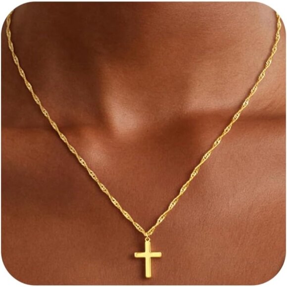 Women's 1-Gold 14k Gold Plated Cross Choker Minimalist Simple Dainty Necklaces - Picture 1 of 7